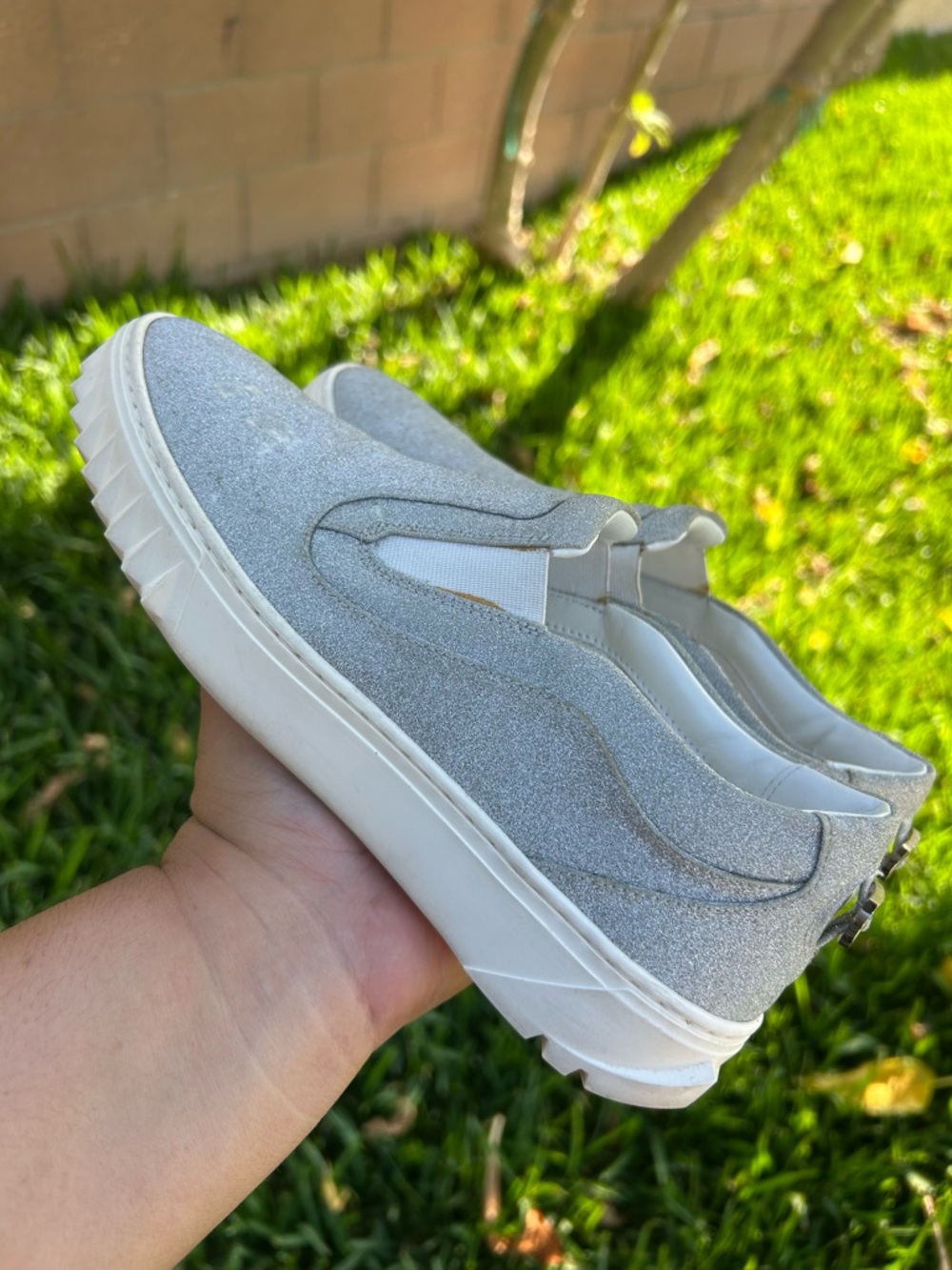Salvatore Ferragamo Silver Glitter Slip-On Sneakers
